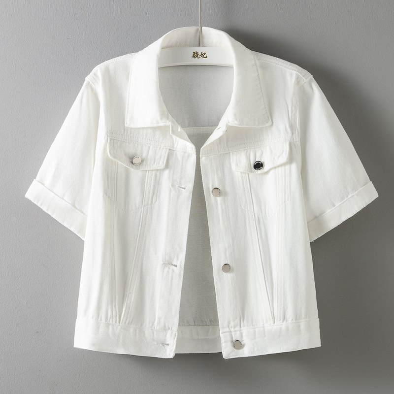 Korean Style White Denim Jacket for Women, Spring/Summer 2026, Short Loose Fit with Three-Quarter Sleeves, Versatile Turn-Down Collar Jacket Korean Style White Denim Jacket for Women, Spring/Summer 2026, Short Loose Fit with Three-Quarter Sleeves, Versatile Turn-Down Collar Jacket