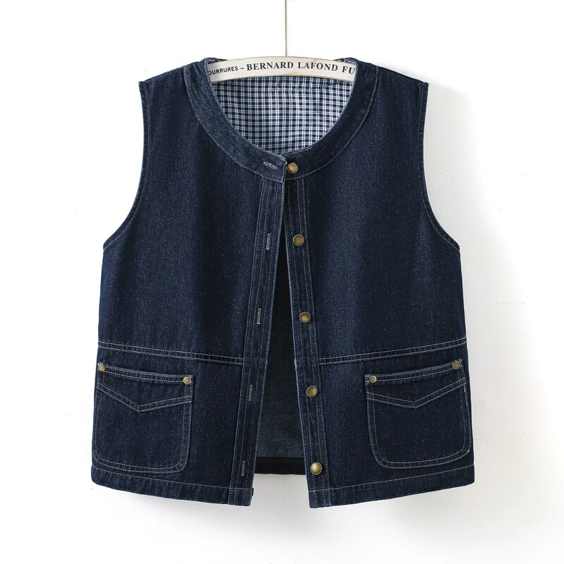 Retro Dark Blue Round Neck Denim Vest for Women 2026 Spring and Autum Sleeveless Versatile Loose Waistcoat Vest Top