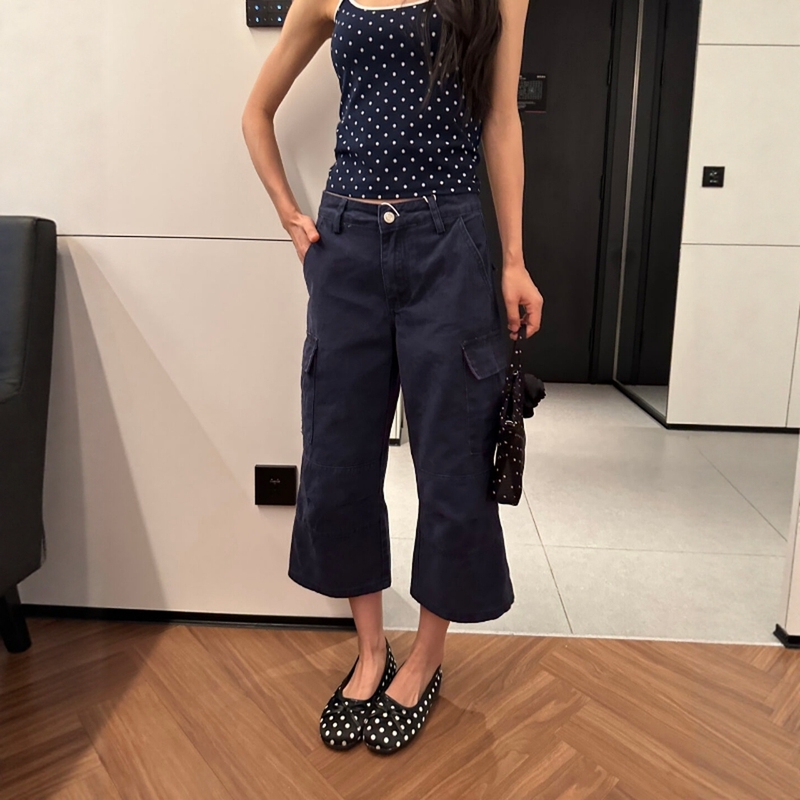 American-Style Navy Blue Workwear-Style Cropped Denim Pants for Women, New Summer Wide-Leg Mid-Length Pants, High-Waisted Slimming Eight-Point Pants