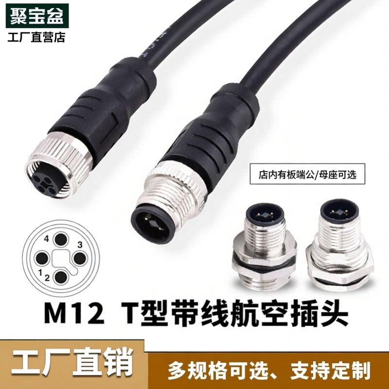 M12T Coded Power Connector T-Type Aviation Plug 2-Core 2Pe3Pet-Code Molded Flange Base Molded Line
