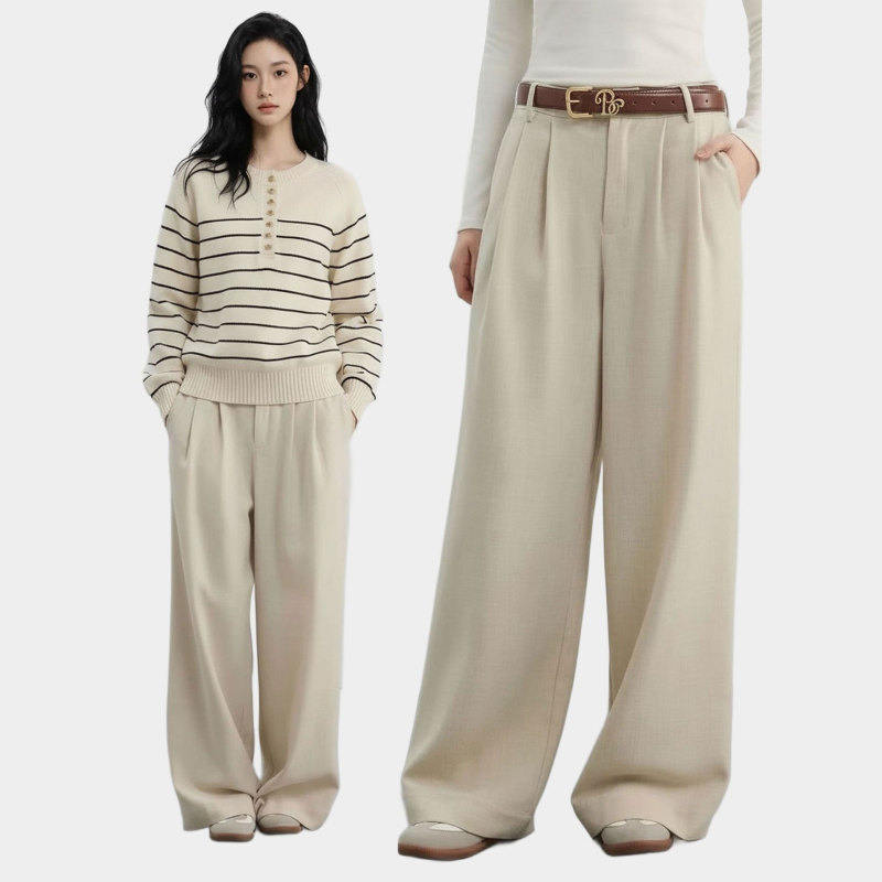 Bzxo Striped Knit Sweater for Women, New Autumn and Winter Versatile Round-Neck Sweater, Old Money Style Wide-Leg Casual Pants Set