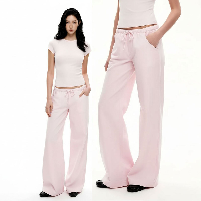 In Stock: Lazy Style Pink Elastic Drawstring Wide-Leg Pants for Women, 2026 Summer Low-Waist Casual Relaxed Long Pants