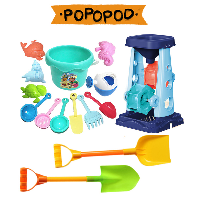 Beach toy set children play sand digging tool shovel bucket hourglass male and female baby bathing and playing in the sea