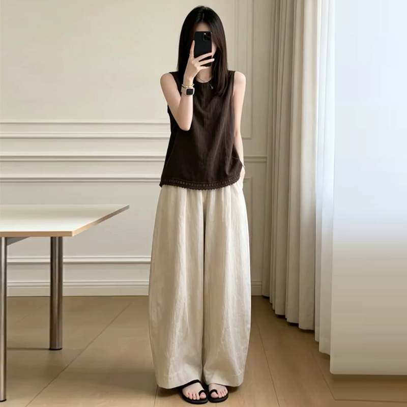 Japanese-Style Vintage Casual Sports Suit for Women, Summer Loose-Fitting Korean Fashion Stylish Sleeveless Top and Wide-Leg Pants Two-Piece Set