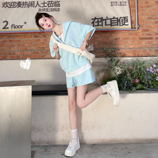 甜美休闲运动套装女夏宽松显瘦韩版学生假两件短袖短裤减龄两件套
