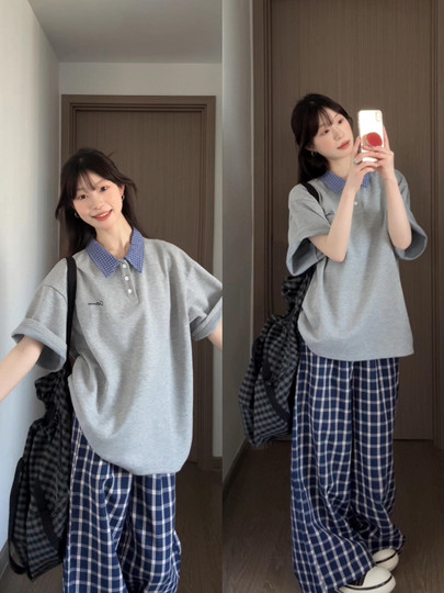 学院风休闲运动套装女夏季polo短袖时尚宽松韩版学生阔腿裤两件套