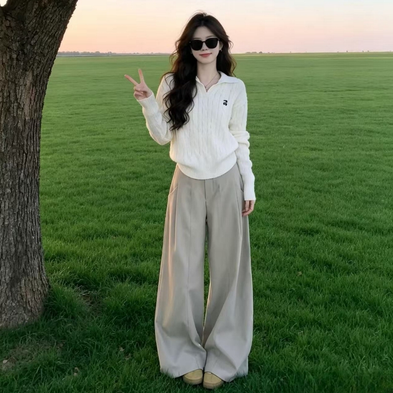 Elegant Casual Sports Suit for Women, Autumn Student Style, Loose Fit, Slimming Korean Fashion Polo Sweatshirt and Wide-Leg Pants Two-Piece Set Elegant Casual Sports Suit for Women, Autumn Student Style, Loose Fit, Slimming Korean Fashion Polo Sweatshirt and Wide-Leg Pants Two-Piece Set