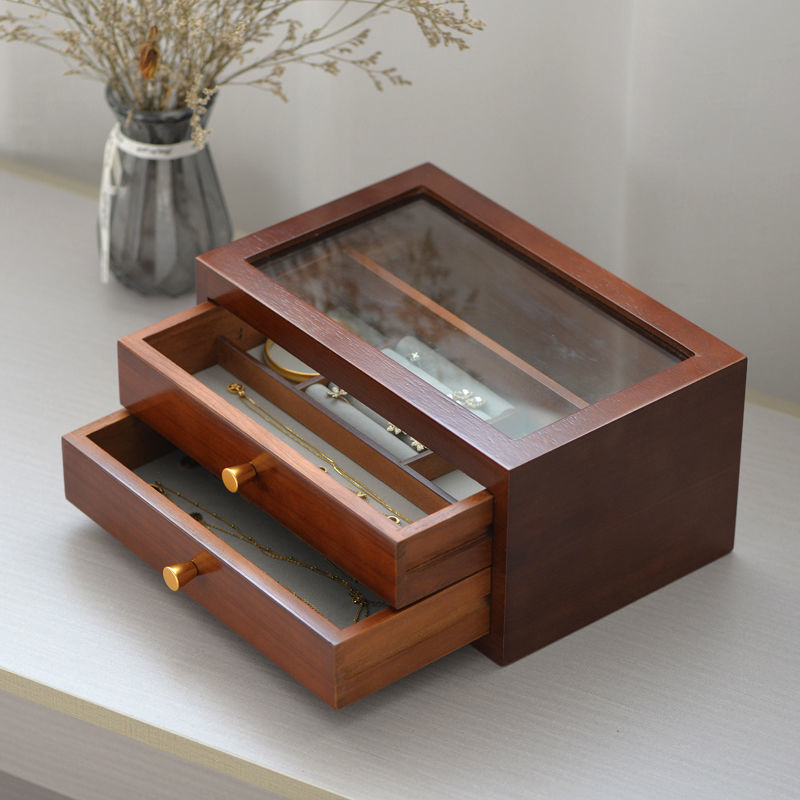 Walnut wood jewelry box large capacity home high-end jewelry transparent wooden multi-layer drawer net red jewelry storage box