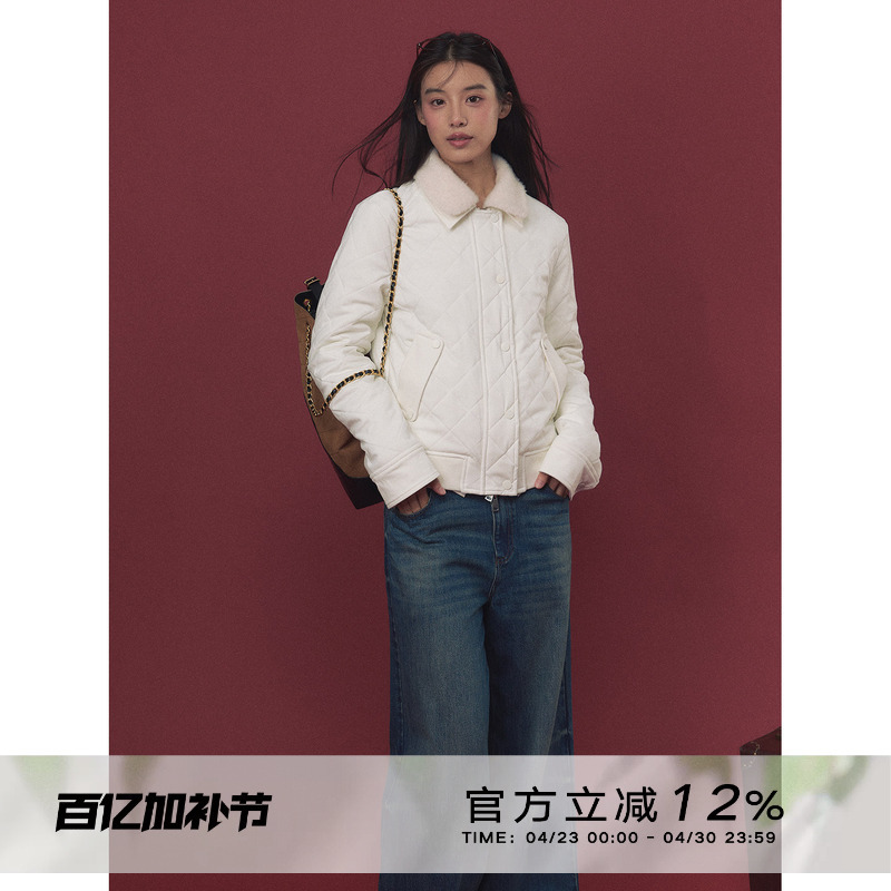 Anna Cute Suede Quilted Padded Fur Collar Jacket Top Diamond Collar Casual Versatile Slimming Short Coat