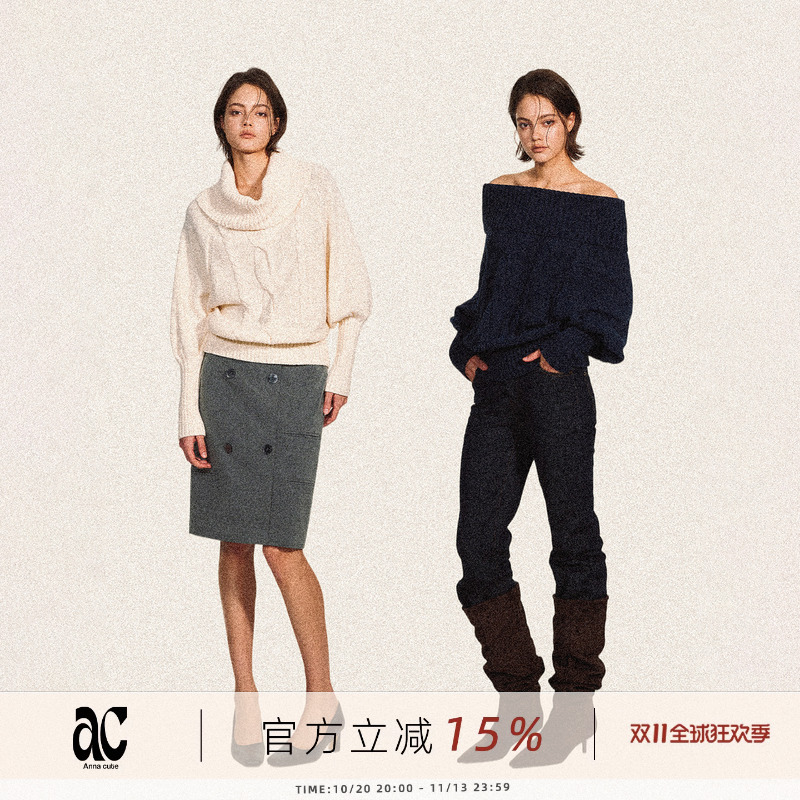 Ac Annacute* Stacked Collar Batwing Sleeve Pullover Sweater for Women, Cable Knit Loose Soft and Elegant Top Ac Annacute* Stacked Collar Batwing Sleeve Pullover Sweater for Women, Cable Knit Loose Soft and Elegant Top