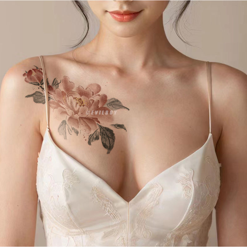 Peony Flower Colorful Tattoo Stickers Lotus Rose Sexy Hot Girl Chest Pure Desire Large Pattern Scar Cover Waterproof Stickers