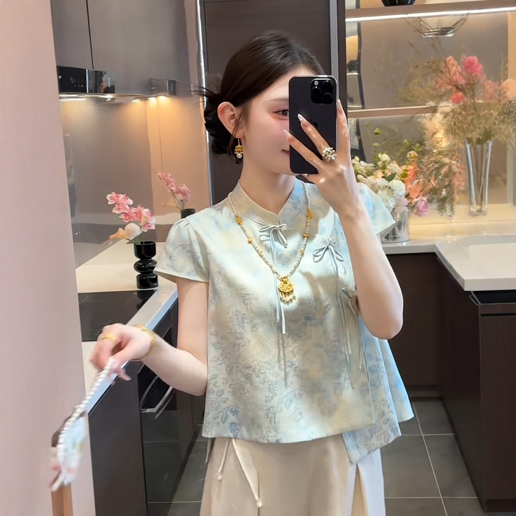 Short Top for Women, Summer Style, New Chinese Style, National Style Women's Clothing, 2026 New Model, F Satin Women's Blouse, Short-Sleeved Shirt