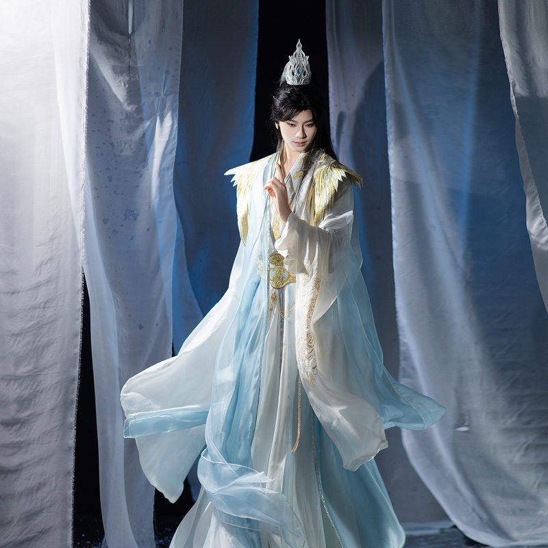 Hanfu Wei-Jin Style Suit, Unisex, Han Elements, Blue and White Shawl, Cross-Collar Long Shirt, Ancient Style, Heavy Embroidery, Traditional Costume