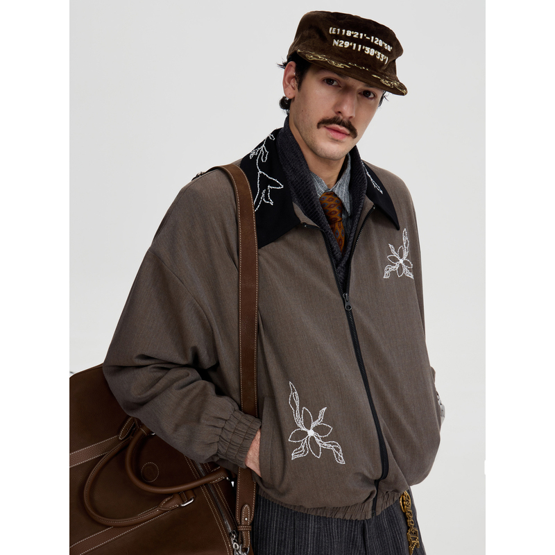 Openfly* Patterned Hand-Embroidered Beaded Lapel Old Money Jacket with Wool Embroidery, Simple High-End Zipper Coat