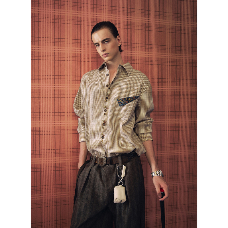 Openfly* Retro Lazy Style Fine Plaid Loose Shoulder-Length Shirt with Contrasting Color Patch Pocket Design Simple Jacket Openfly* Retro Lazy Style Fine Plaid Loose Shoulder-Length Shirt with Contrasting Color Patch Pocket Design Simple Jacket