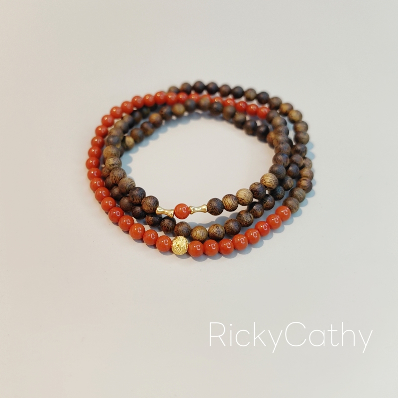 [Zhang Aimi] Three-Circle Southern Red Agate Bracelet with 18K Gold Accessories in Persimmon Red, a Niche Exquisite Versatile Stackable Jewelry