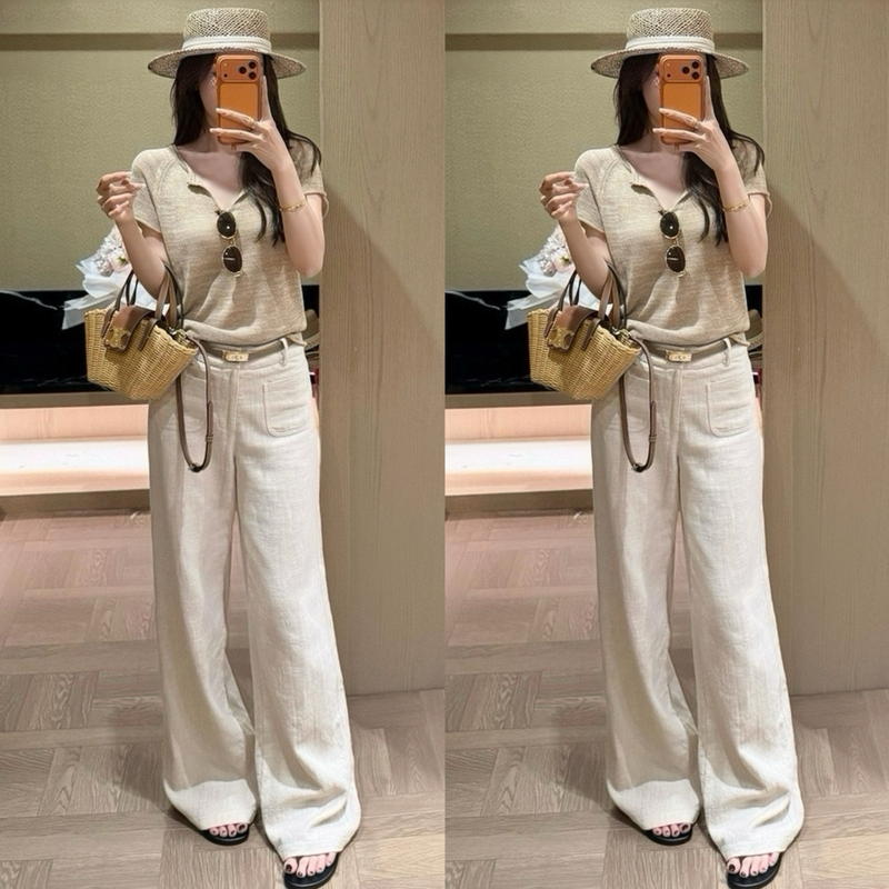 Summer Ootd Outfit: a Set of Korean-Style Old Money Style Knitted Short-Sleeved T-Shirts and Straight-Leg Casual Pants Two-Piece Set Summer Ootd Outfit: a Set of Korean-Style Old Money Style Knitted Short-Sleeved T-Shirts and Straight-Leg Casual Pants Two-Piece Set