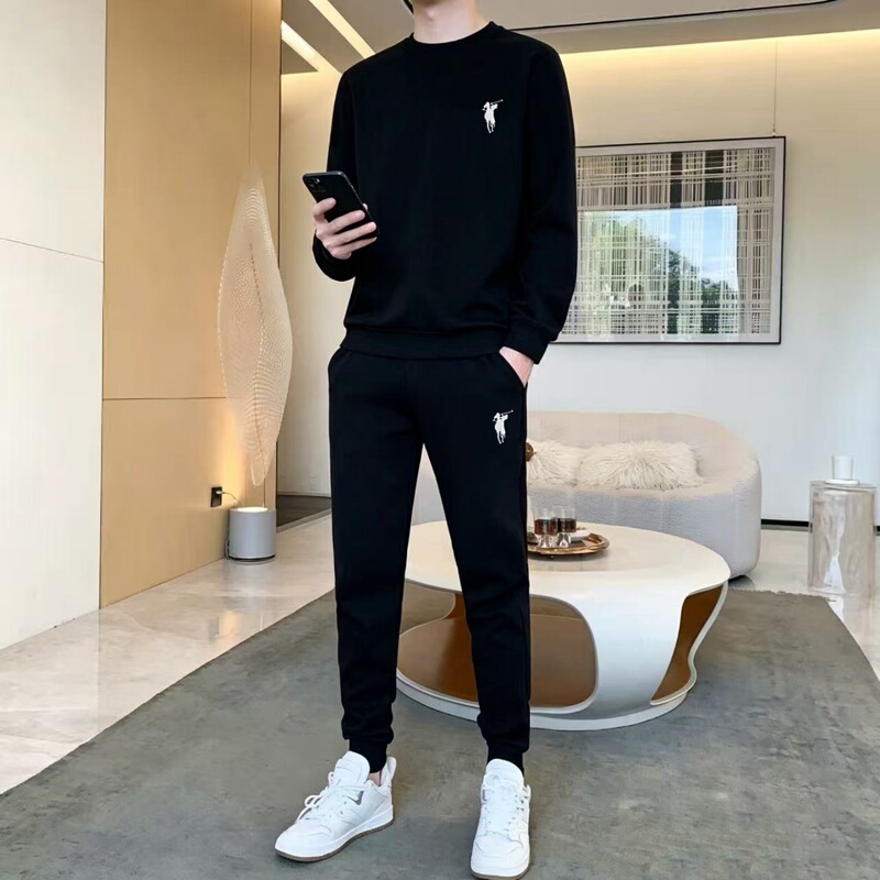 Black Paul Men's Sports Suit, Pure Cotton, Autumn and Winter Casual Round-Neck Embroidered Running Outfit for Men, a Stylish Set