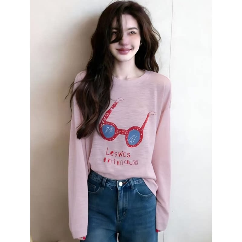 Fashion Letter Print Pink Long-Sleeve Sun Protection T-Shirt for Women, 2026 Spring/Summer Style, Niche Versatile Loose-Fitting Youthful Top