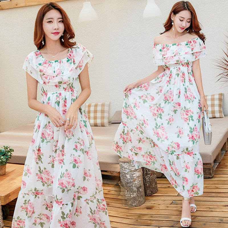 三亚旅游衣服女夏短袖印花一字肩波西米亚雪纺连衣裙海边沙滩长裙