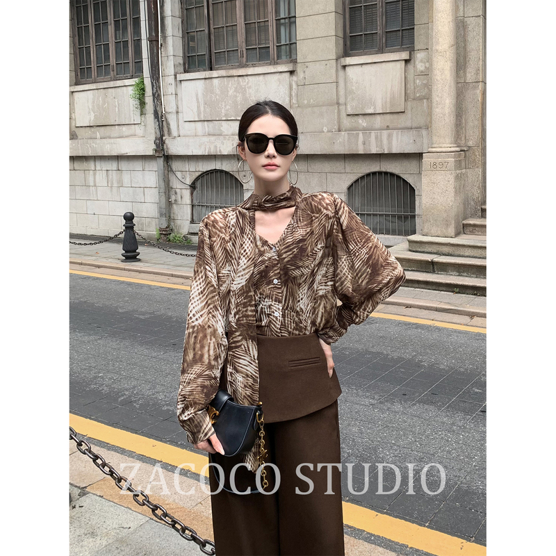 Zacoco Early Autumn Retro Printed Long-Sleeved Thin Shirt for Women 2025 New Loose Slimming French Style Top