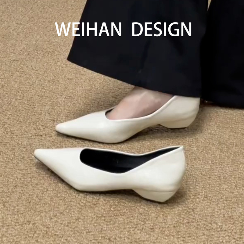 Sheepskin Version! French-Style Chunky Heel Pointed Toe Women's Pumps, Shallow Mouth, Suitable for Commuting, Vintage Soft Leather Low Heel Slip-On Versatile Loafers