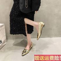 (Taiwan) 2024 new spring French style shallow mouth pointed toe thick heel single shoes casual and versatile low heel gold and silver two-color horse