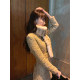 Boamarket golden shiny noble tweed woven jacket women's autumn and winter round neck waist dress