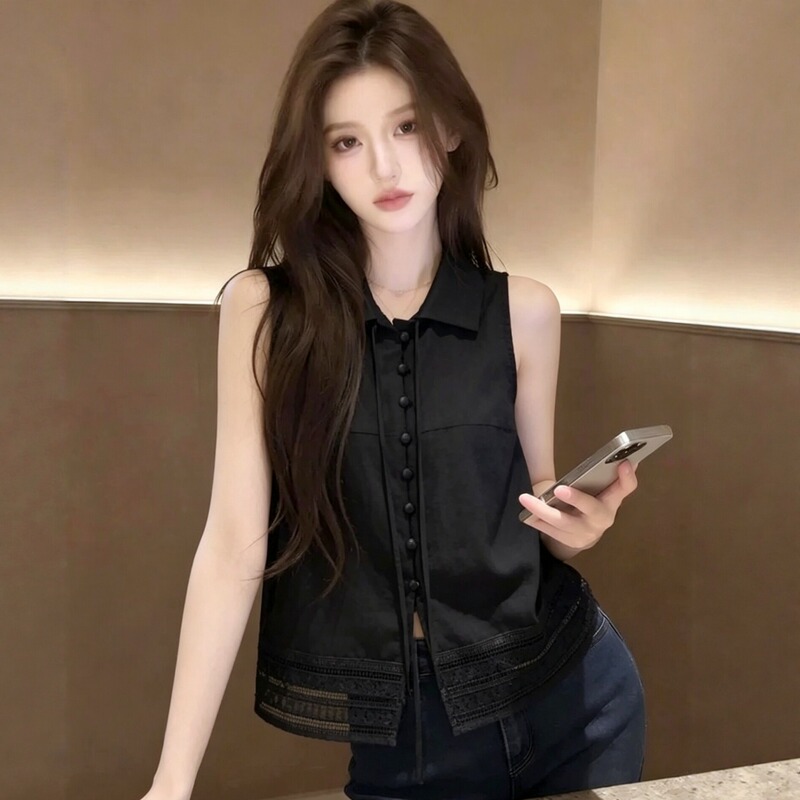 French-Style Black Lace Hollow-Out Sleeveless Shirt for Women, 2026 New Summer Top, High-End Chic Blouse French-Style Black Lace Hollow-Out Sleeveless Shirt for Women, 2026 New Summer Top, High-End Chic Blouse
