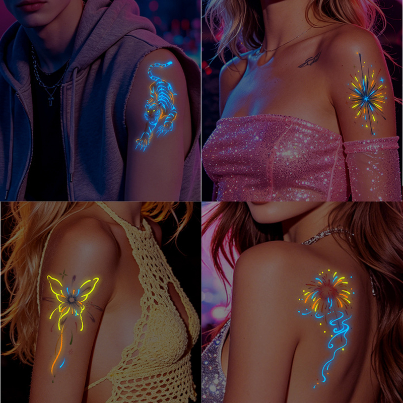 New Colorful Fluorescent Three-Color Luminous Tattoo Stickers for Music Festivals, Creative Nightclubs, Bars, and Concerts Temporary Tattoos