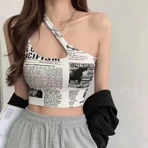 bm blouses sweet spicy harness new newspaper printed beauty back careful machine pure desire to reveal shoulder vest woman spring fall sleeveless