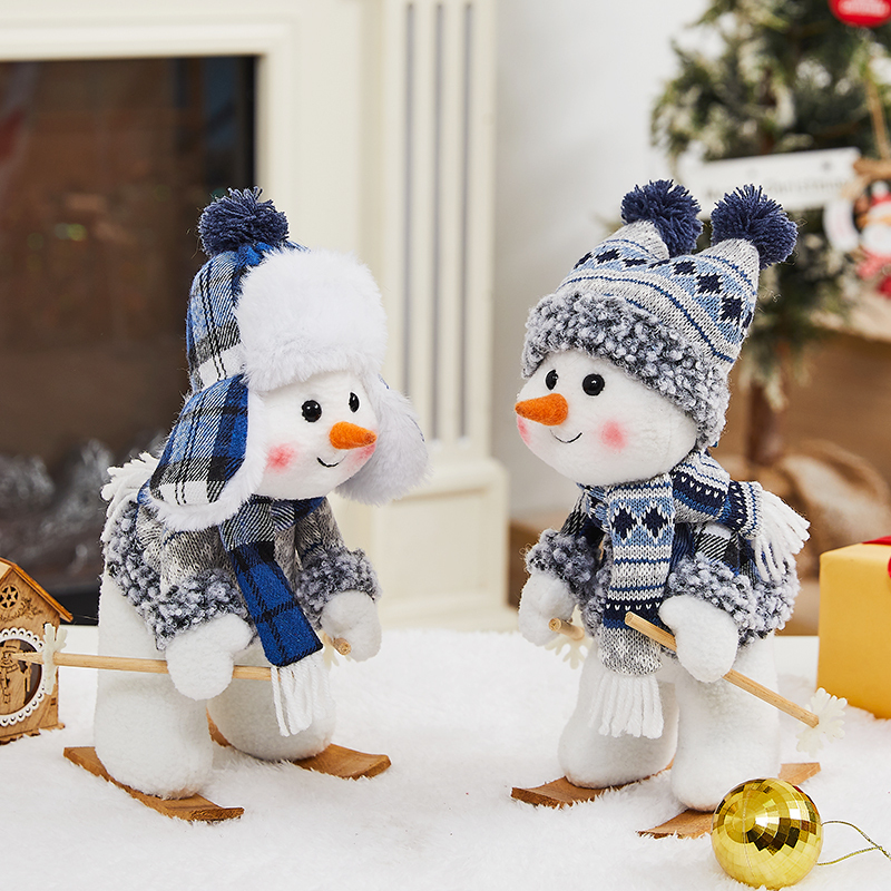 Christmas Blue Plush Fabric Snowman Doll Cute Figurine Christmas Counter Decoration Display Window Arrangement