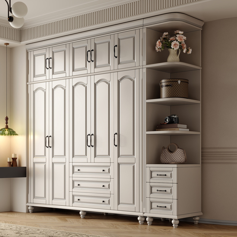 American-Style Retro Solid Wood Wardrobe, White, Modern and Simple, Double-Door, 3456 Doors, with Drawers, Top Cabinet, Bedroom Large Wardrobe