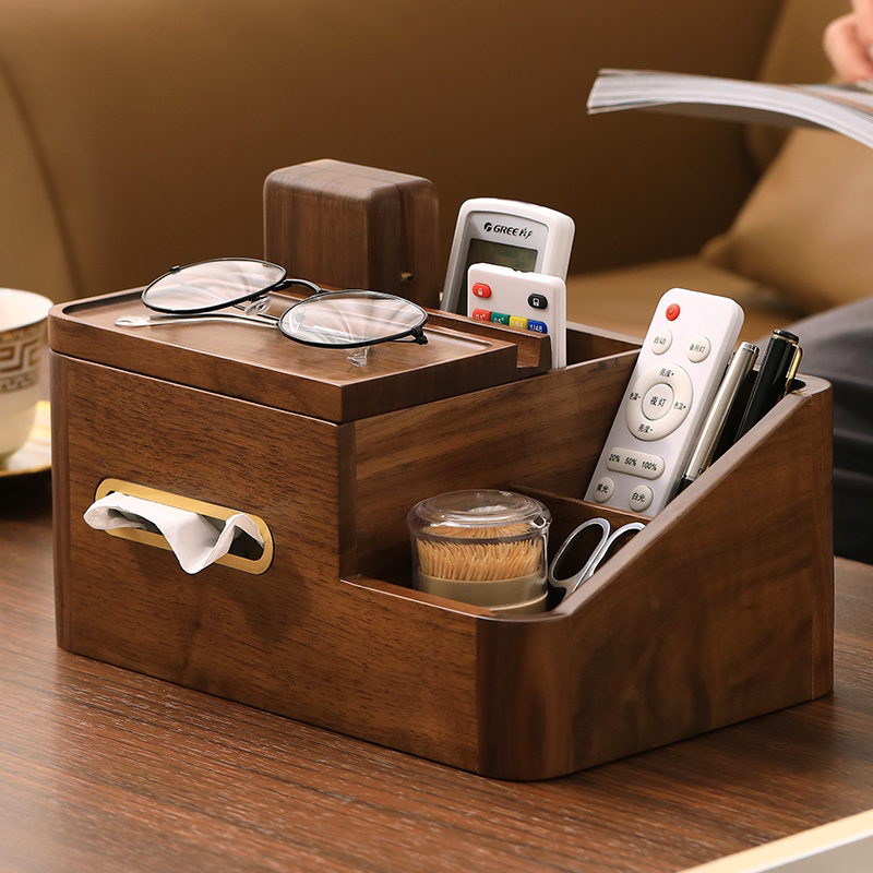 Coffee Table Storage Box, Light Luxury, High-End Living Room Tabletop, Walnut Wood, Remote Control, Multifunctional Tissue Box, Tissue Holder, Premium