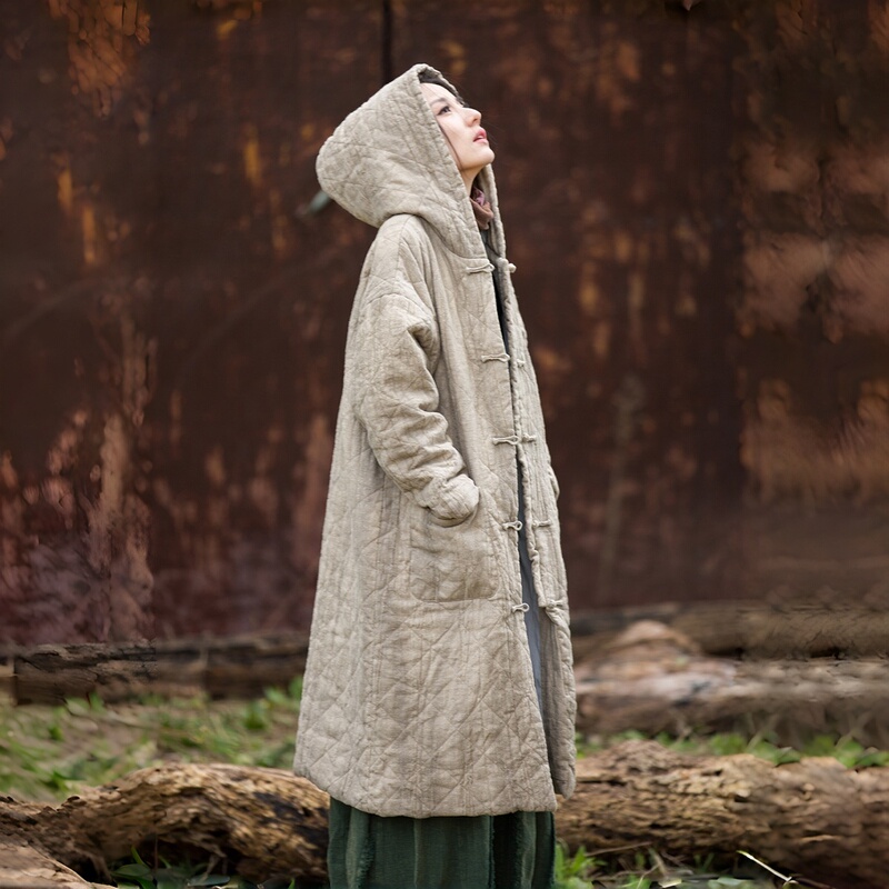 Cotton and Linen Retro Hooded Cotton Coat for Women, New Winter Style, Ramie Dirty-Dyed Diamond Pattern Thickened Warm Overcoat, Knee-Length Coat