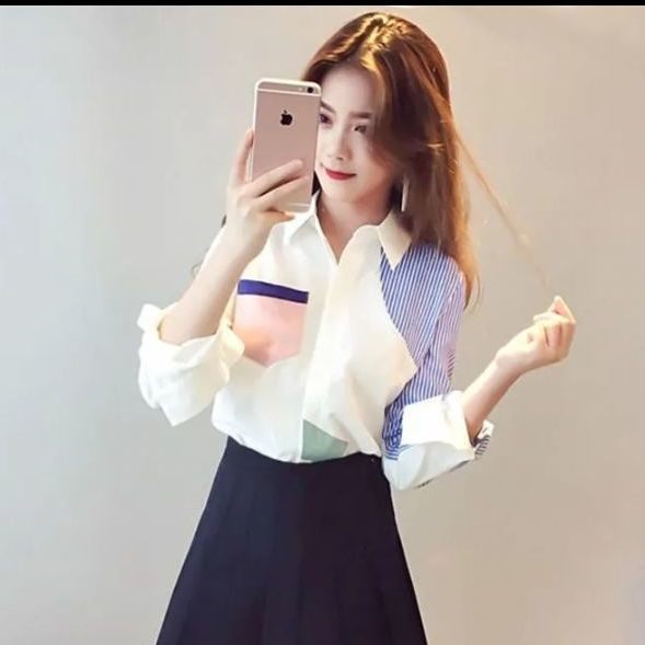 New color-blocking long-sleeved shirt female students spring and summer Korean version of Hyuna style super fire ins top loose splicing all-match