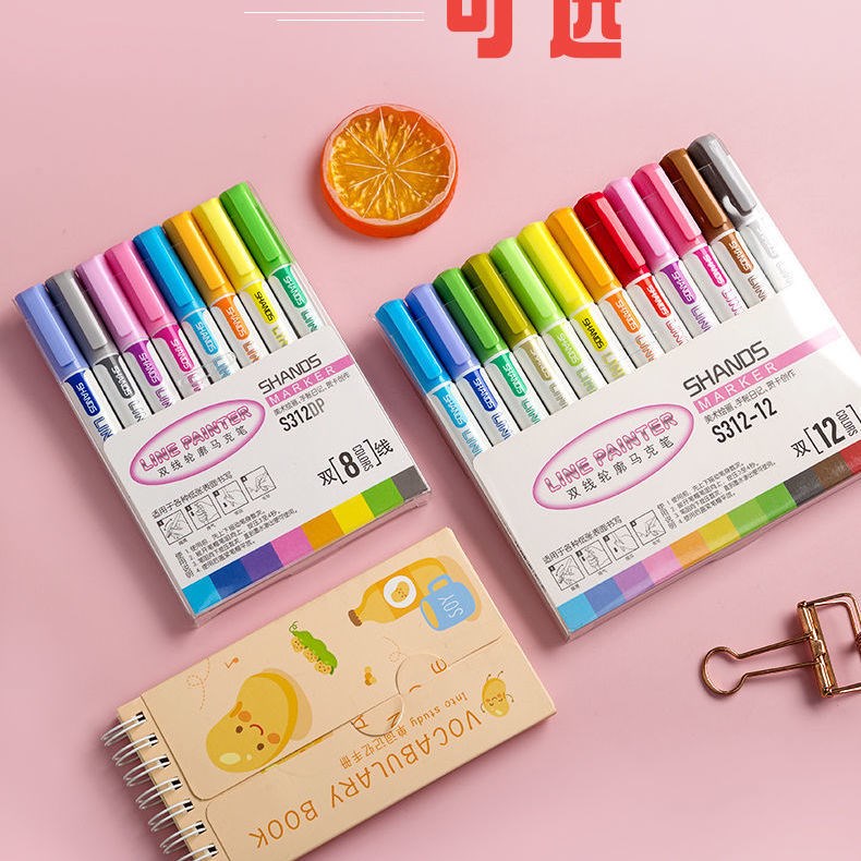 Net Red Contour Pen Suit Diy Double Wire Pen Shake Sound Flash Pen Fluorescent Notes Pen Color Cute Hand Ledger Pen