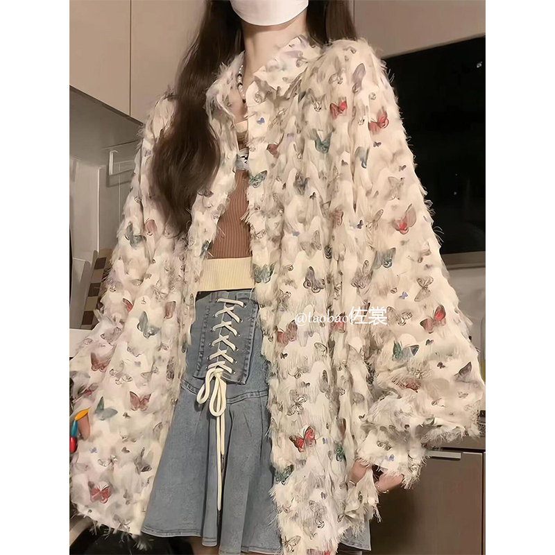Butterfly Tassel Long-Sleeved Shirt 2024 New Women's Spring and Autumn Design Niche Loose Lazy Style Shirt Jacket