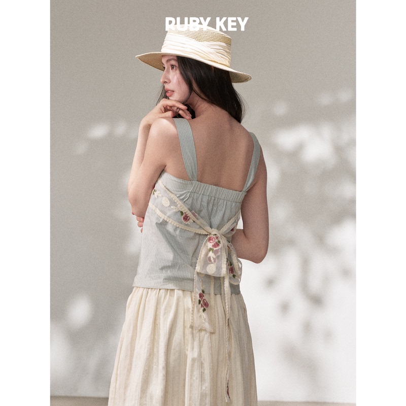 Rubykey Whisper of Roses All-Cotton French Retro Pastoral Embroidered Vacation-Style Top Women's Camisole
