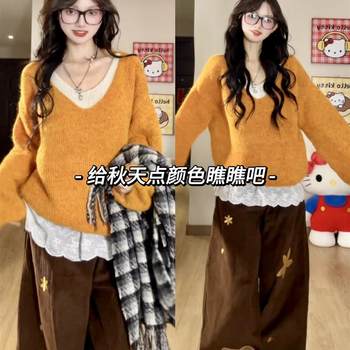Korean contrasting fake two-piece v-neck knitted sweater for women in autumn and winter, lazy style, loose pullover, long-sleeved bottoming top