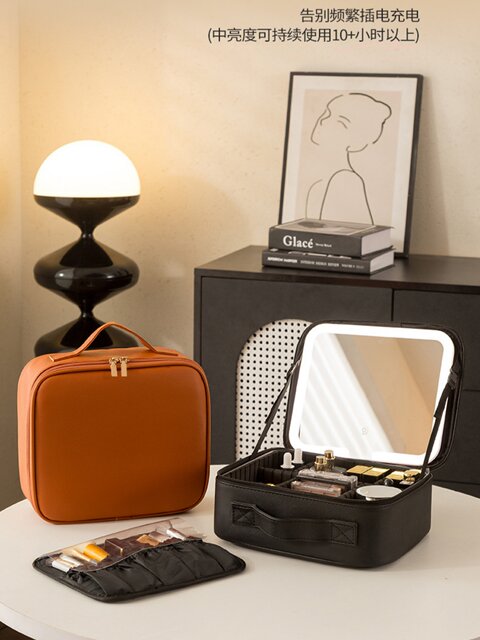 Large capacity partitioned cosmetic bag partitioned waterproof with light mirror beauty supplies storage bag business trip commuting toiletry bag