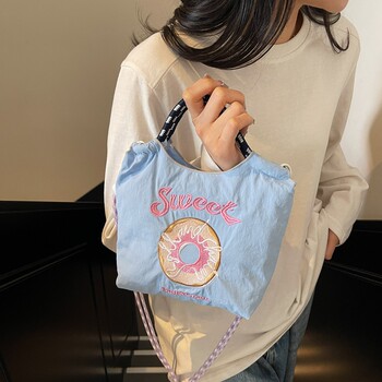 Embroidered Canvas Bag, Fashionable Mini Tote Bag, Eco-Friendly Bag, Donut Crossbody Phone Bag, Japanese Style Color-Blocking Commuter Bag