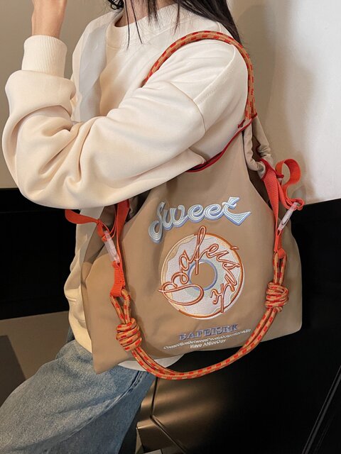 Large-Capacity Donut Canvas Bag for Women, New Embroidered Eco-Friendly Shopping Bag, Casual, Fashionable and Versatile Commuter Tote Bag