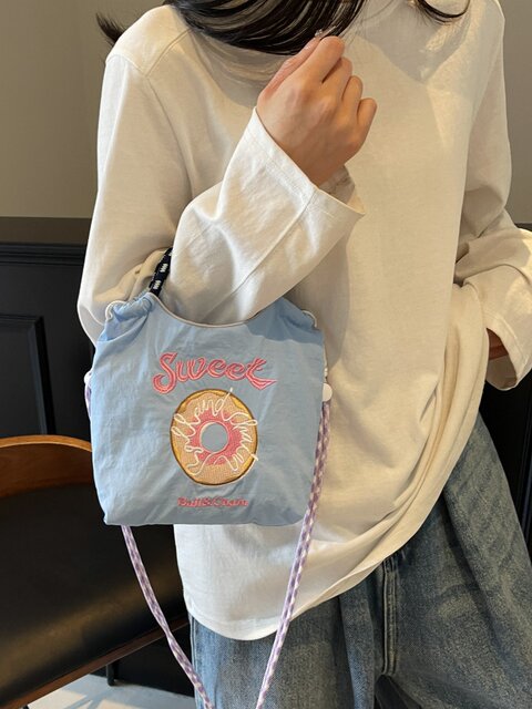 Embroidered Canvas Bag, Fashionable Mini Tote Bag, Eco-Friendly Bag, Donut Crossbody Phone Bag, Japanese Style Color-Blocking Commuter Bag