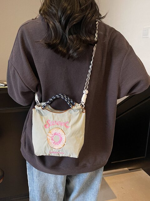Embroidered Canvas Bag, Fashionable Mini Tote Bag, Eco-Friendly Bag, Donut Crossbody Phone Bag, Japanese Style Color-Blocking Commuter Bag