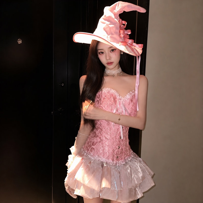 Halloween Witch Cosplay Costume Fishbone Corset Jacquard Shapewear High-Waisted Tutu Skirt Set Cosplay Outfit