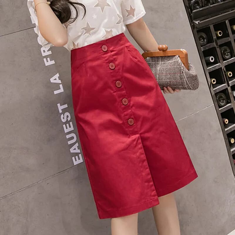 Red Single-Breasted Front Slit Midi Skirt for Women, Summer 2026 New Fashion, Loose Casual Pencil Skirt