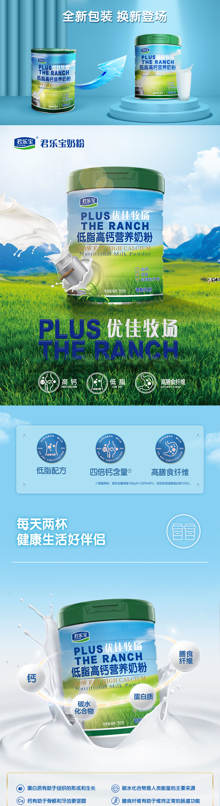 君乐宝 优佳牧场 高钙/低脂 营养奶粉 700g*2罐 图1