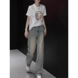 Футболка, джинсы, штаны, летний комплект, короткий рукав, подходит для подростков, 2025 года, простой и элегантный дизайн, с вышивкой