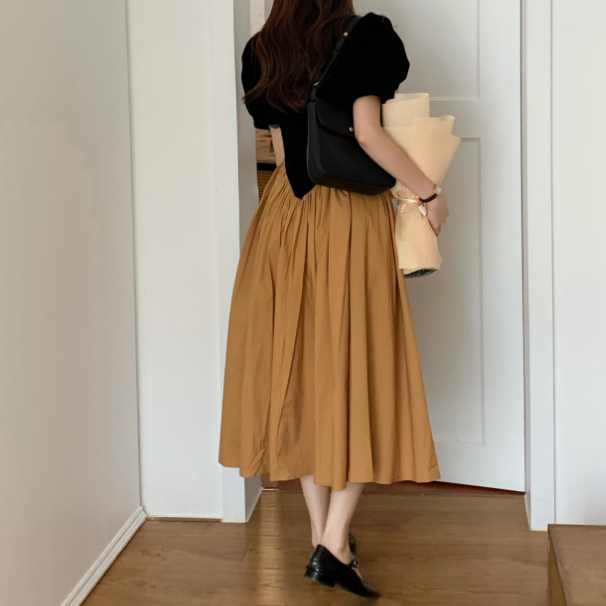 泡泡袖丝绒连衣裙,高腰气质短袖连衣裙